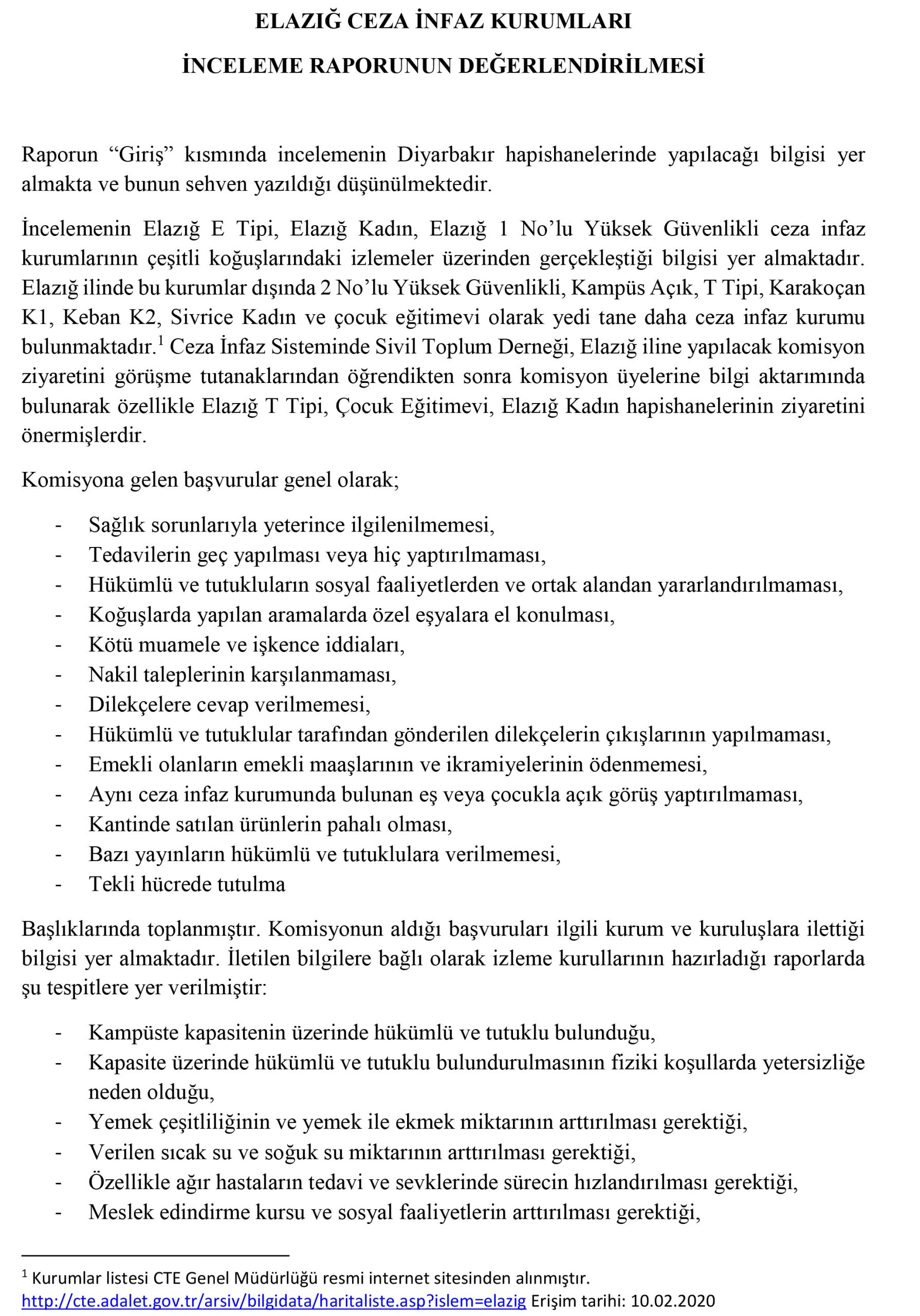 Elazığ Ceza İnfaz Kurumları İnceleme Raporunun Değerlendirmesi