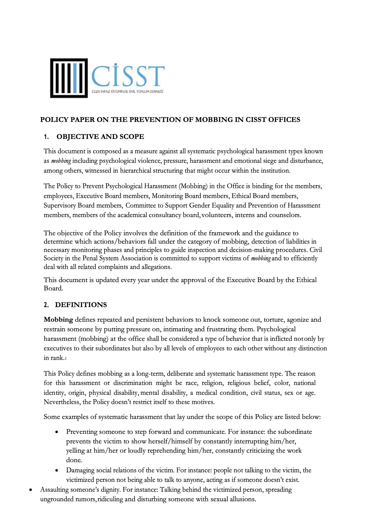 Prevention of Mobbing in CISST Offices